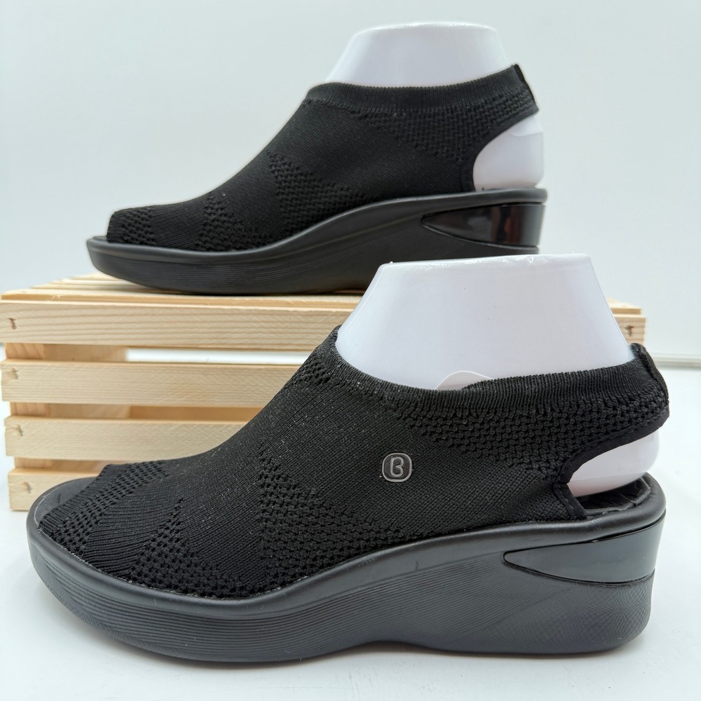 Bzees Secret Wedge Sandals Black Stretch Knit Peep Toe Slingback Size 6M Comfort
